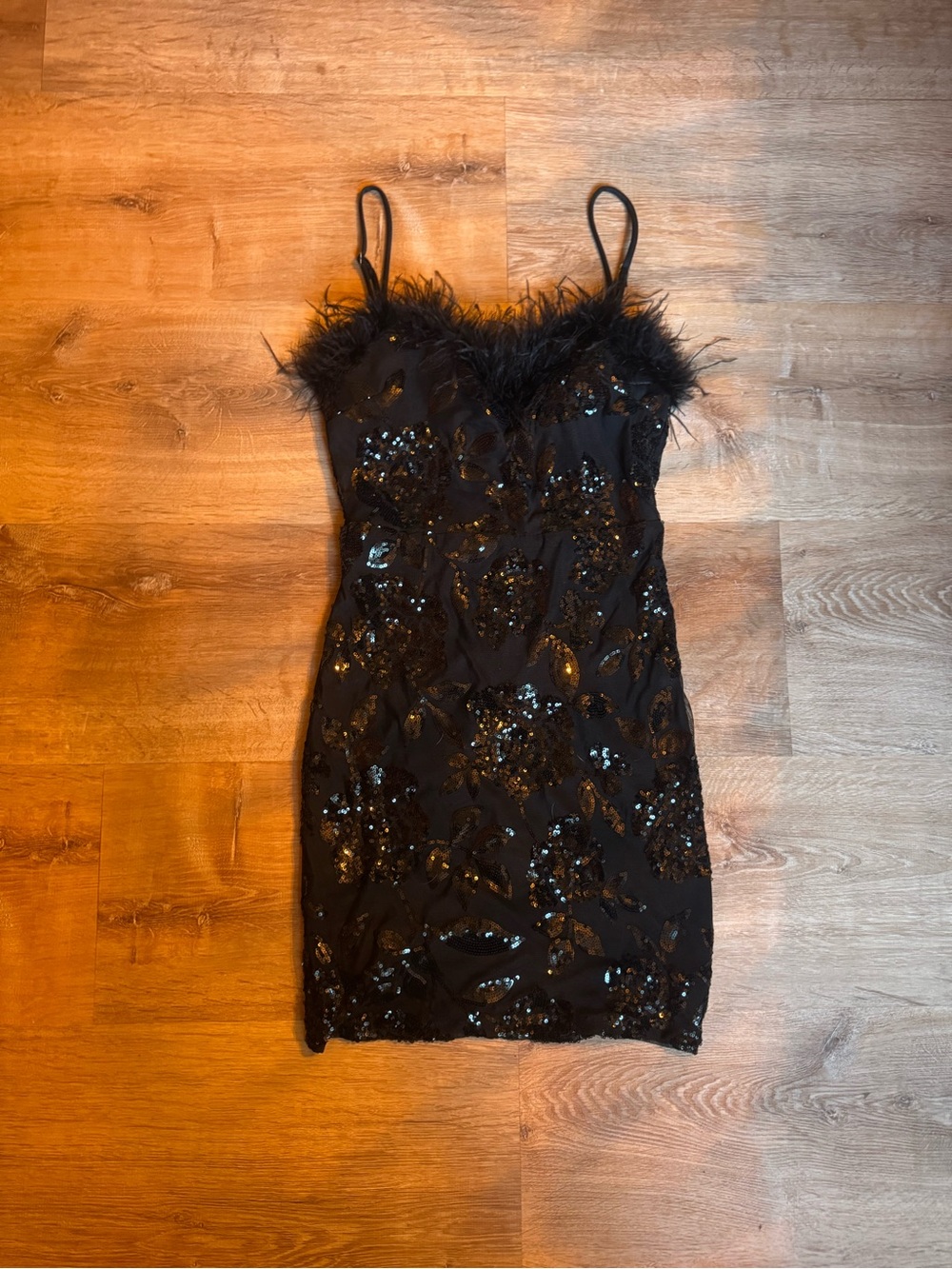 Black Sequin Feather Trim Slip Dress